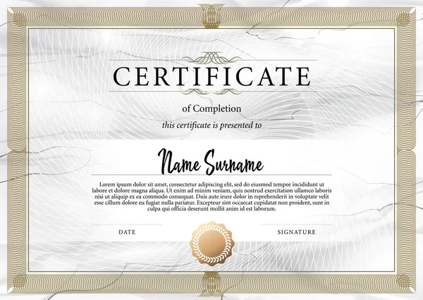 Certificate template in for achievement graduation completion and diplomas. Vector illustration. Strict, simple symmetrical design of certificate with white marble texture. — Stock Vector