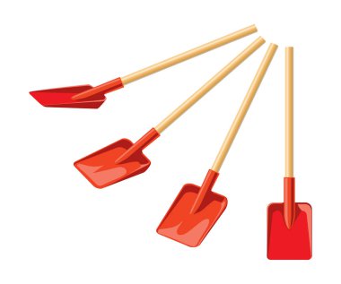 Beyaz arka planda izole edilmiş farklı açılardan kürek. Kırmızı iş aleti, farklı pozisyonlarda açık hava aktiviteleri, kazma, bahçe işleri için. Bahçe araçları.