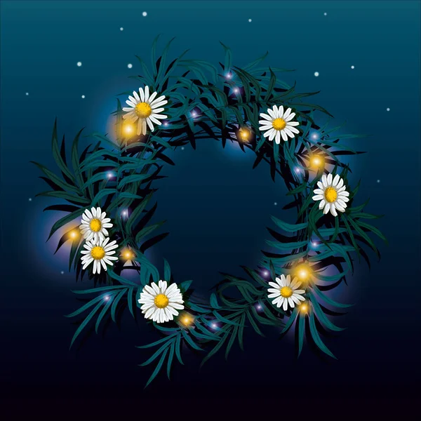 Grinalda com camomila na água com reflexo da ilustração do vetor estrelado céu noturno. Conceito de fundo de férias de verão . —  Vetores de Stock