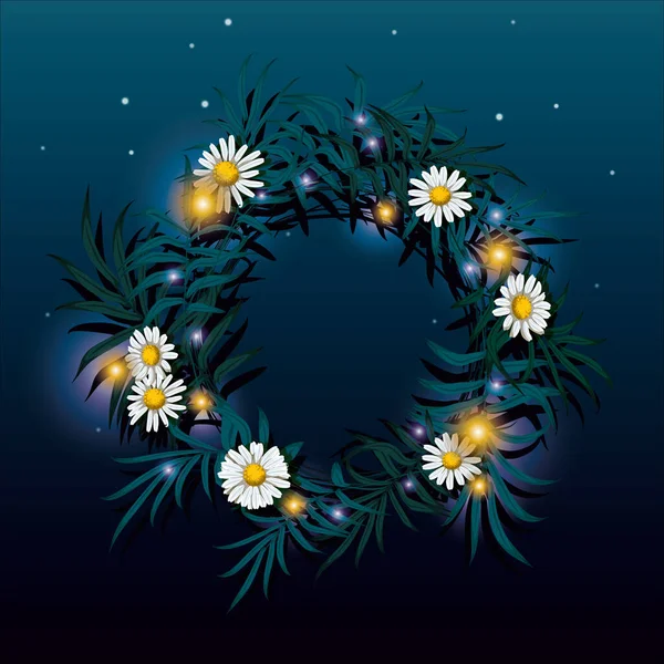 Wreath with chamomile on the water with reflection of the starry night sky vector illustration. Midsummer holiday background concept. — Stock Vector