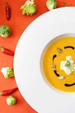 Sebzeli sebze çorbası ve kırmızı arka planda bitkiler