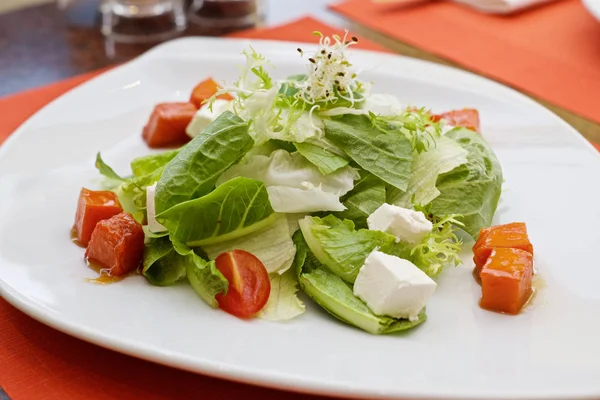 Salad Feta Cheese Tomatoes Hazel Nuts Batata Lettuce White Plate — Stock Photo, Image