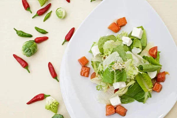 Salad Feta Cheese Tomatoes Hazel Nuts Batata Lettuce White Plate — Stock Photo, Image