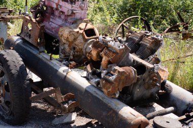Aşırı gelişmiş çimlerin arasında duran paslı araç motoru