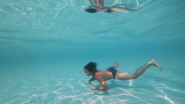 Man, long hair swims in a pool underwater, rest — Stok video