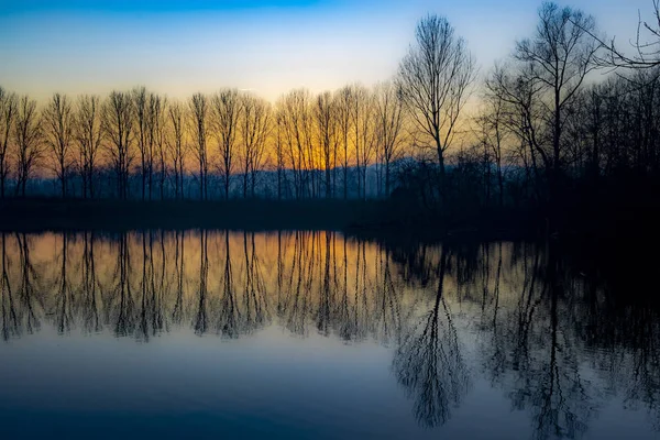 Gün batımında, güzel lakefront Park yakınındaki Güney Piyemonte'daki Torino eyaletine yansıyan ağaçları ile nehir Po (po Morto Limanı)