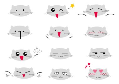 Sevimli Kawaii yüz simge seti beyaz arka plan üzerinde. Vektör