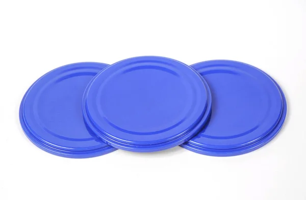 Screw caps for glass jars. For canning, canned food. Blue caps on white background — Stock Photo, Image
