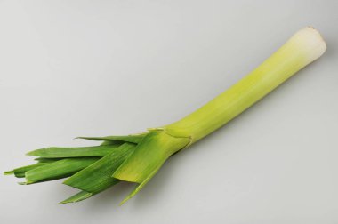 Genç yeşil sarımsak, pırasa, gri arka planda izole edilmiş.