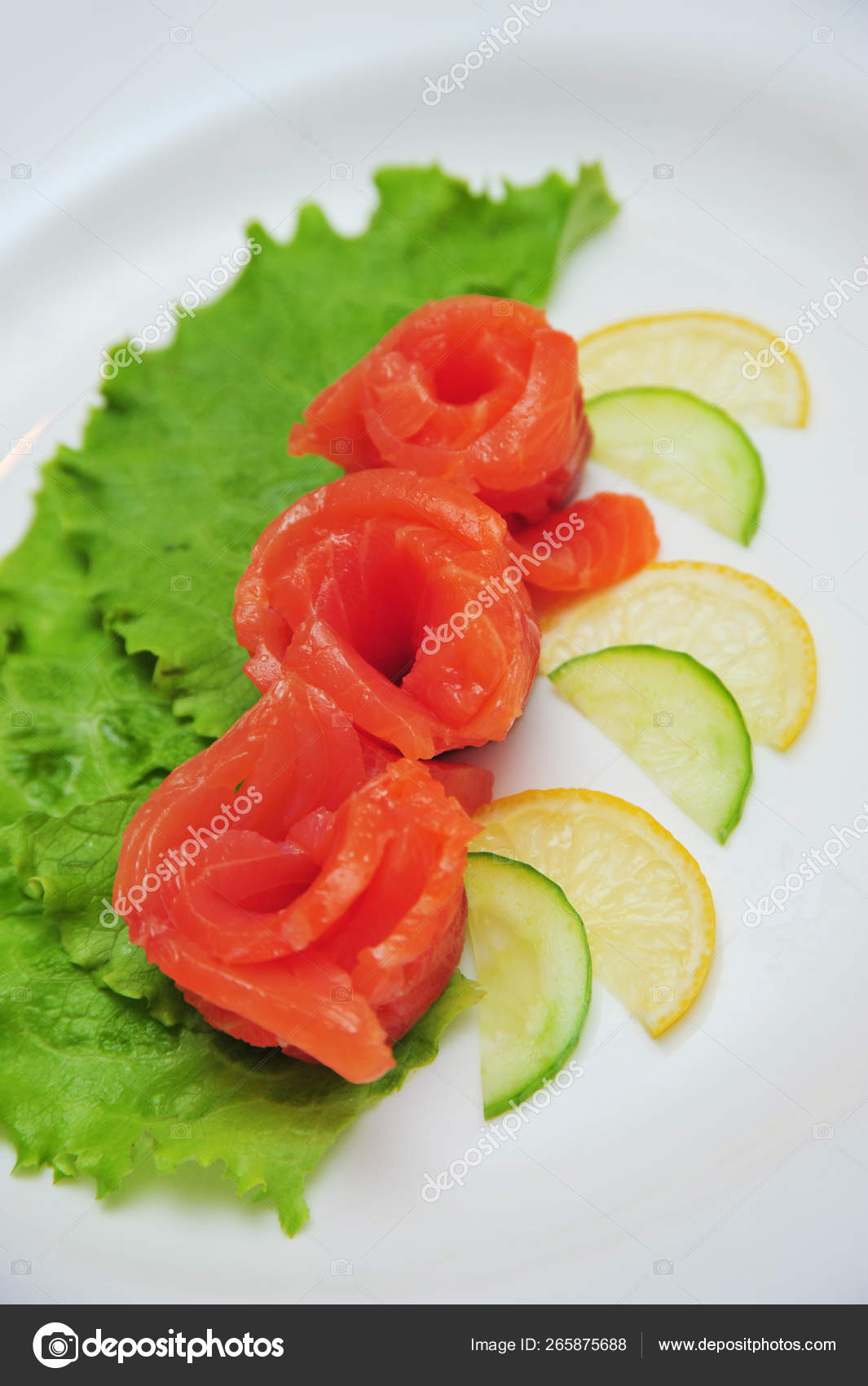 Fresh Salmon Decorative Roses Fillets With Lemon Slices On The