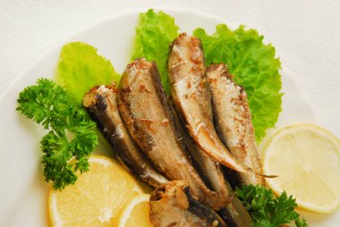 Tavada baharatlı sprats limon, salata bir tabakta