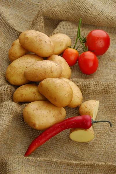 Veel rauwe aardappelen op zak met tomaten en peper op grijze geïsoleerde achtergrond — Stockfoto