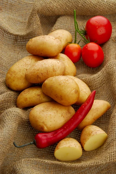 Багато сирої картоплі на мішковині з помідорами та перцем на сірому ізольованому фоні — стокове фото