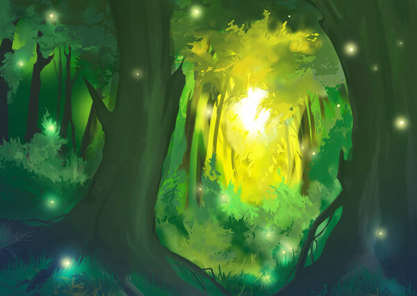 Fantasy Digital Art. Magical and mysterious forest with fireflies