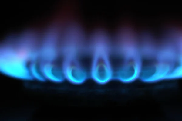 Blauw gas verbranden op het fornuis. Focus op de voorrand van de gasbranders — Stockfoto