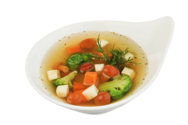 Sopa de verduras con coliflor, patatas, guisantes, zanahorias y perejil sobre un fondo blanco aislado — Foto de Stock