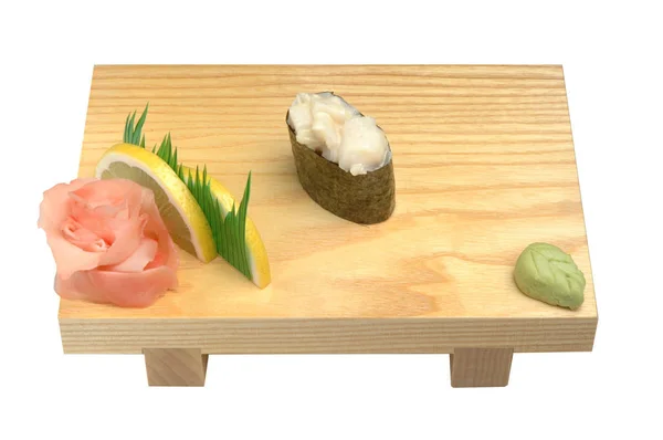 Sushi su un supporto di legno, wasabi e zenzero sottaceto. Su sfondo bianco isolato — Foto Stock