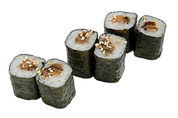 Ρολά σούσι απομονωμένα σε λευκό φόντο. Συλλογή. Κοντινά πλάνα από νόστιμα Ιαπωνικά φαγητά με σούσι ρολό. — Φωτογραφία Αρχείου