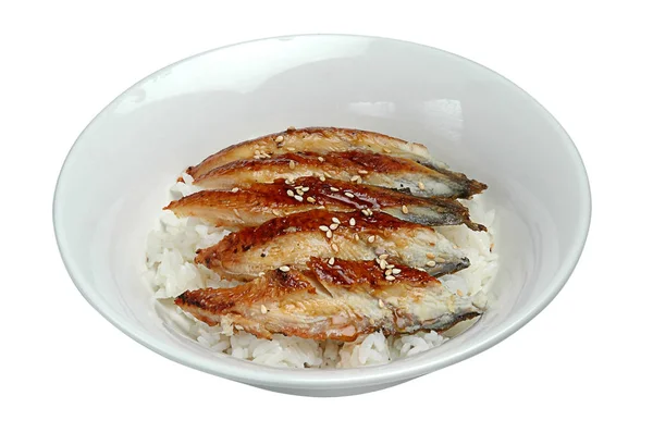 Unagi don, riso bianco condito con anguilla alla griglia. Unadonon uno sfondo bianco isolato — Foto Stock