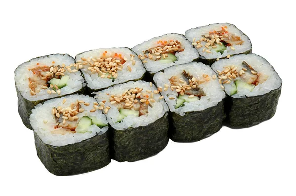 Sushi broodjes geïsoleerd op witte achtergrond. Close-up van heerlijke Japanse eten sushi roll. — Stockfoto