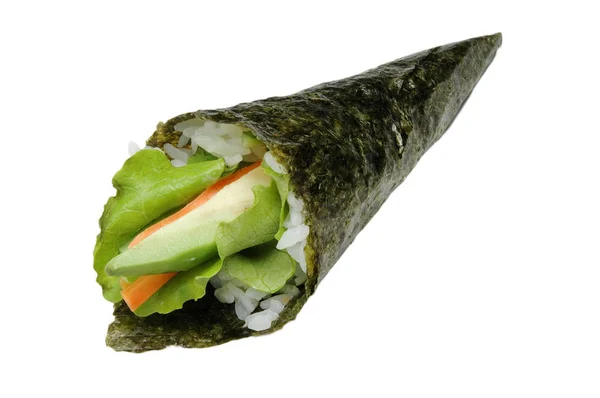 Mischung aus Gemüse und Meeresfrüchten. Sushi-Rollen isoliert auf weißem Hintergrund. Nahaufnahme von köstlichem japanischem Essen Sushi-Rolle. Stockbild