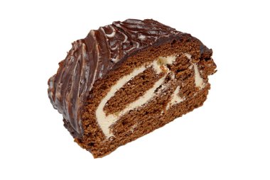 Dilim ile Tatlı çikolata rulo pasta, beyaz arka plan üzerinde izole