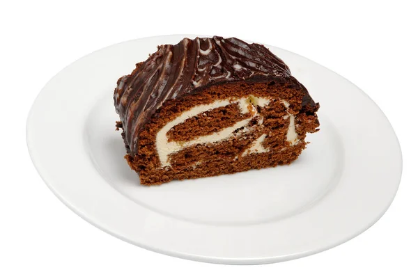 Pastel de chocolate dulce con rodaja, aislado sobre fondo blanco —  Fotos de Stock