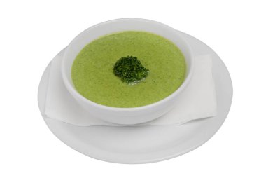 Beyaz izole arka plan üzerinde brokoli ile Restoran Yeşil Bahar Bezelye Çorbası