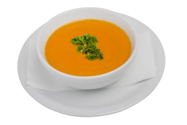 Beyaz izole arka plan üzerinde çorba, maydanoz ve kruton son kase