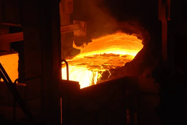 Very rare close view of working open hearth furnace at the metallurgical plant. Molten hot steel