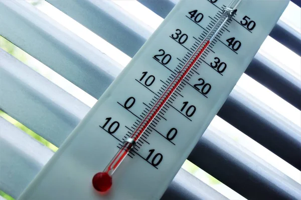 Thermometer on the background of blinds, hot summer day. Blinds - effective thermal protection from the light of the bright sun, in residential, office, industrial and commercial premises.
