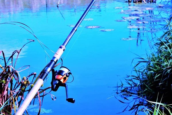 钓鱼娱乐 旋转运动滑轮 用于在水上背景下捕鱼 方便长铸造饵和在海上 湖泊或河流上捕捉捕食性鱼类 — 图库照片