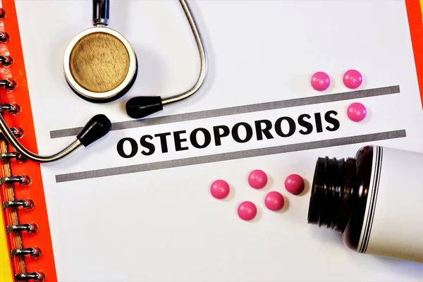 Osteoporosis-the Inscription of the text of the disease in the form on the medical folder. Diagnosis by a doctor, medical treatment.