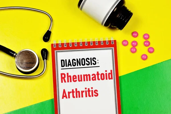 Rheumatoid arthritis -text inscription on a form in a medical folder. Diagnosis by a doctor, treatment with medications.