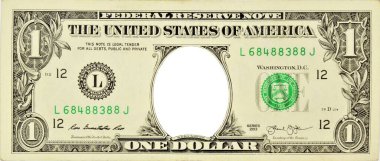 Portresi olmayan boş bir yere bir dolar. Tasarımın fotoğrafı için çerçeve, arkaplan, şablon.