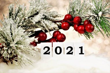 Mutlu yıllar 2021. Tebrik mesajı. Şenlikli arka plan - zarif kar kaplı ladin dalı, yaratıcı tasarım, eğlence ve hediyeler için dekorasyon.