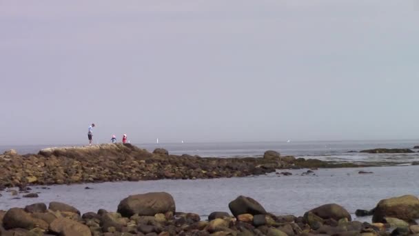 Hombre Dos Niños Las Rocas Océano — Vídeo de stock