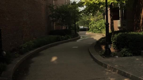 Vippe Opp Bildet Buet Alley Mellom Mursteinsbygninger Med Trær – stockvideo