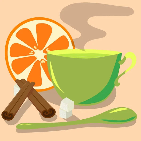 Векторна Ілюстрація Зеленого Чаю Зеленій Кухольці Паличками Кориці Апельсиновим Шматочком — стоковий вектор