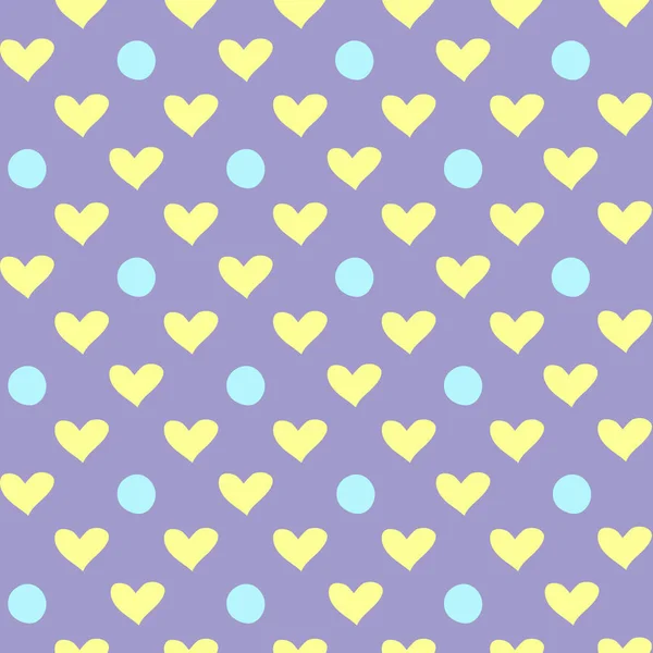 Seamless Pattern Drawing Blue Circles Yellow Hearts Lilac Background Festive — Stock Vector