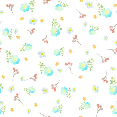 Mavi, Turkuaz ve turuncu çiçekler, kırmızı çiçekli dal ve beyaz zemin üzerine yeşil bir soyut şube ile Seamless modeli. Sulu boya ile boyanmış. Parfüm ambalaj, hediye paketleri, kozmetik, tekstil, tasarımı için kullanılan biz