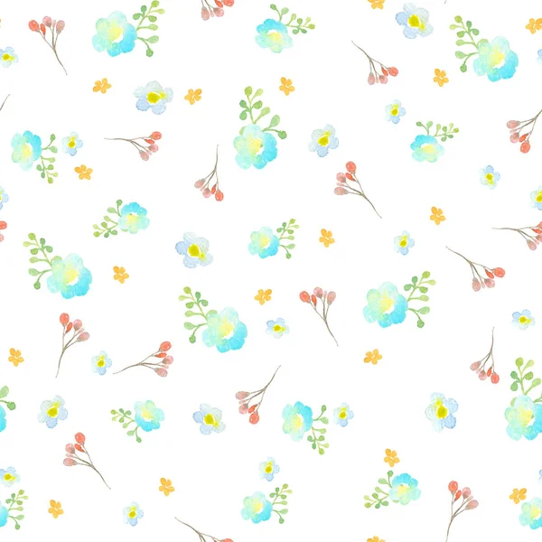 Seamless pattern with blue, turquoise and orange flowers, a twig with red flowers and a green abstract branch on a white background. Painted with watercolors. Can be used for the design of perfume packaging, gift wrapping, cosmetics, for textiles, we