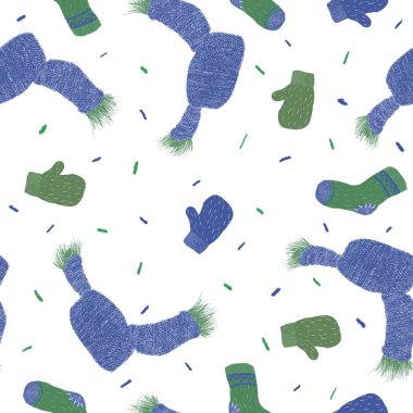 beyaz bir arka plan üzerinde kış seamless modeli ile sıcak örme eşarp, eldiven, çorap. Hediye kağıt, desen dolgularını, web sayfası arka planı, sonbahar tebrik kartları için mükemmel. Doğa illüstrasyon tasarımı için