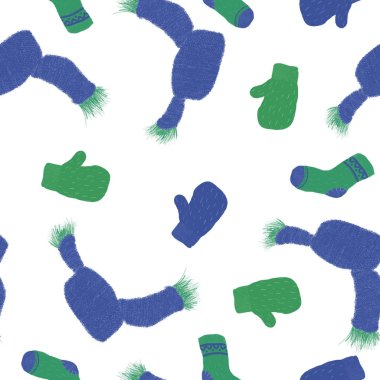 beyaz bir arka plan üzerinde kış seamless modeli ile sıcak örme eşarp, eldiven, çorap. Hediye kağıt, desen dolgularını, web sayfası arka planı, sonbahar tebrik kartları için mükemmel. Doğa illüstrasyon tasarımı için