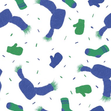 beyaz bir arka plan üzerinde kış seamless modeli ile sıcak örme eşarp, eldiven, çorap. Hediye kağıt, desen dolgularını, web sayfası arka planı, sonbahar tebrik kartları için mükemmel. Doğa illüstrasyon tasarımı için