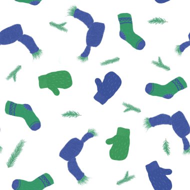 beyaz bir arka plan üzerinde kış seamless modeli ile sıcak örme eşarp, eldiven, çorap. Hediye kağıt, desen dolgularını, web sayfası arka planı, sonbahar tebrik kartları için mükemmel. Doğa illüstrasyon tasarımı için