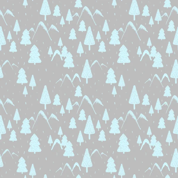 Seamless pattern of winter forest landscape with mountains, Christmas trees and running snow. Ideal for gift paper, background, greeting cards, print on fabric. Nature illustration for design