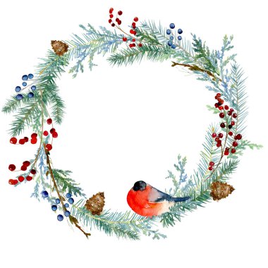 Suluboya kış boyama vintage ardıç, Noel ağaçları, çam kozalakları ve meyveleri dalları ile kare yuvarlak. Geleneksel Noel dekorasyon