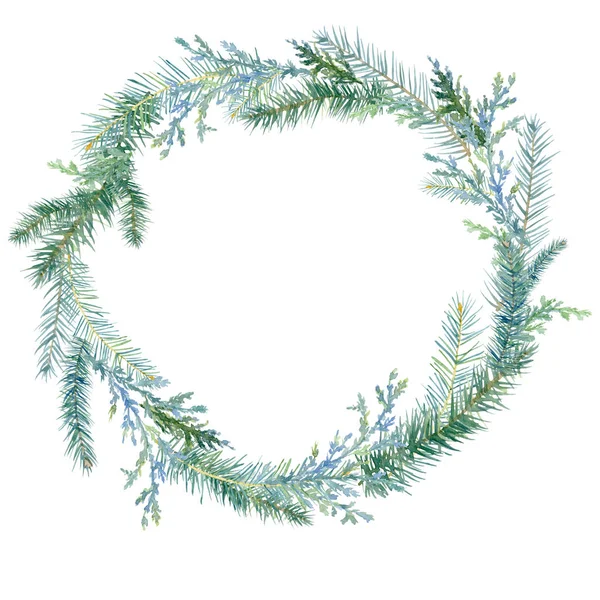 水彩冬ジュニパー クリスマス ツリーの枝とヴィンテージの丸いフレームを塗装します 伝統的なクリスマスの装飾 — ストック写真