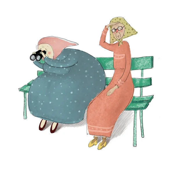 Ładne stare Panie lub babcie siedzi na ławce. Patrząc w oddali. Starsi przyjaciele odpoczywają na ławce. Zabawne i słodkie postacie z kreskówek. Kolorowa ilustracja — Zdjęcie stockowe